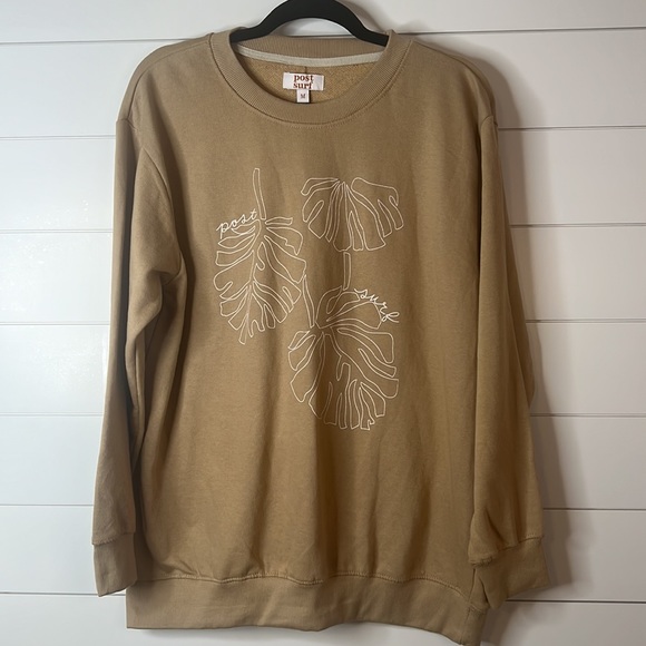 Post Surf Tan Sweatshirt with White Monstera Leaves Design. Size Medium. NWT. - Picture 2 of 10